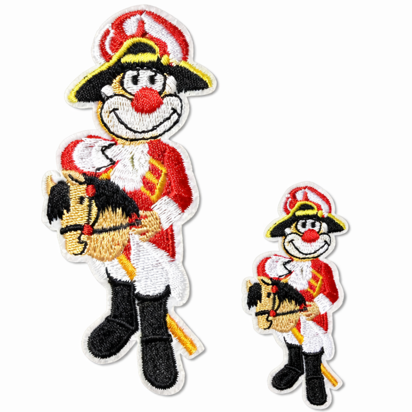 Karneval Bügelbild Aufnäher Clown auf Pferd rot-weiß, zwei Größen