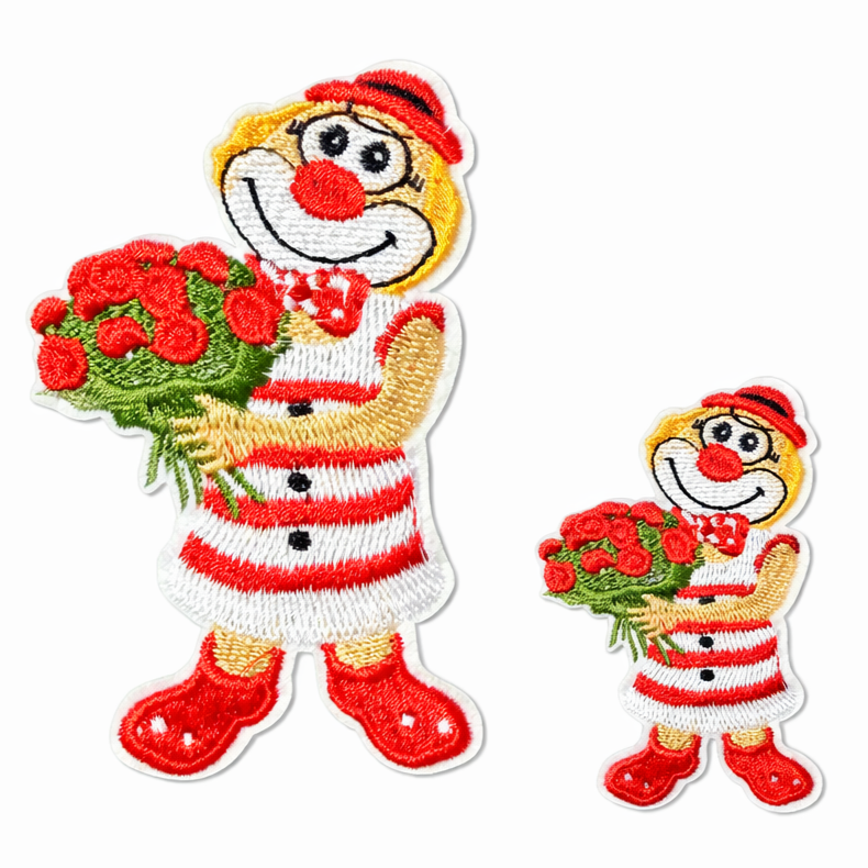 Karneval Bügelbild Clown mit Blumenstrauß in Rot-Weiß, gestickter Aufnäher in zwei Größen