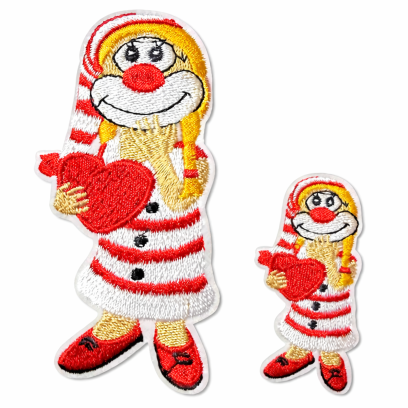 Karneval Bügelbild Clown mit rotem Herz in Rot-Weiß, gestickter Aufnäher in zwei Größen