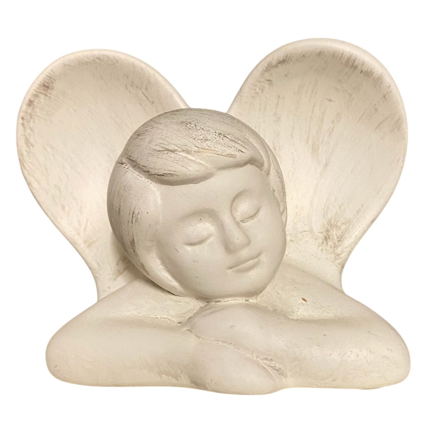 Creme-weißer Deko-Engel aus Keramik von Fabriano in liegender Haltung mit geschlossenen Augen und Flügeln