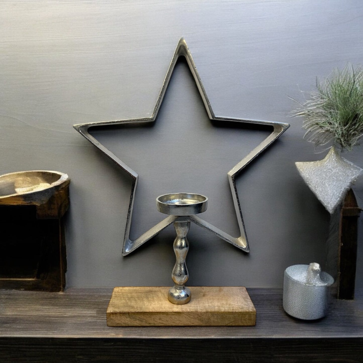 Großer Holz Kerzenständer mit Stern Alu
