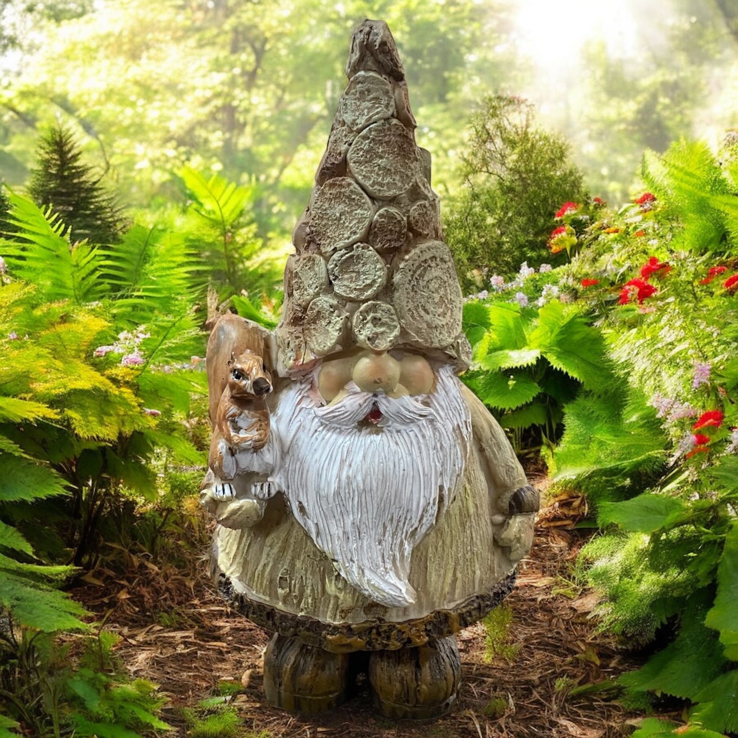 Wichtel mit Eichhörnchen und strukturierter Mütze in Holzoptik, liebevoll gestaltete Herbst- oder Weihnachtsdekoration.