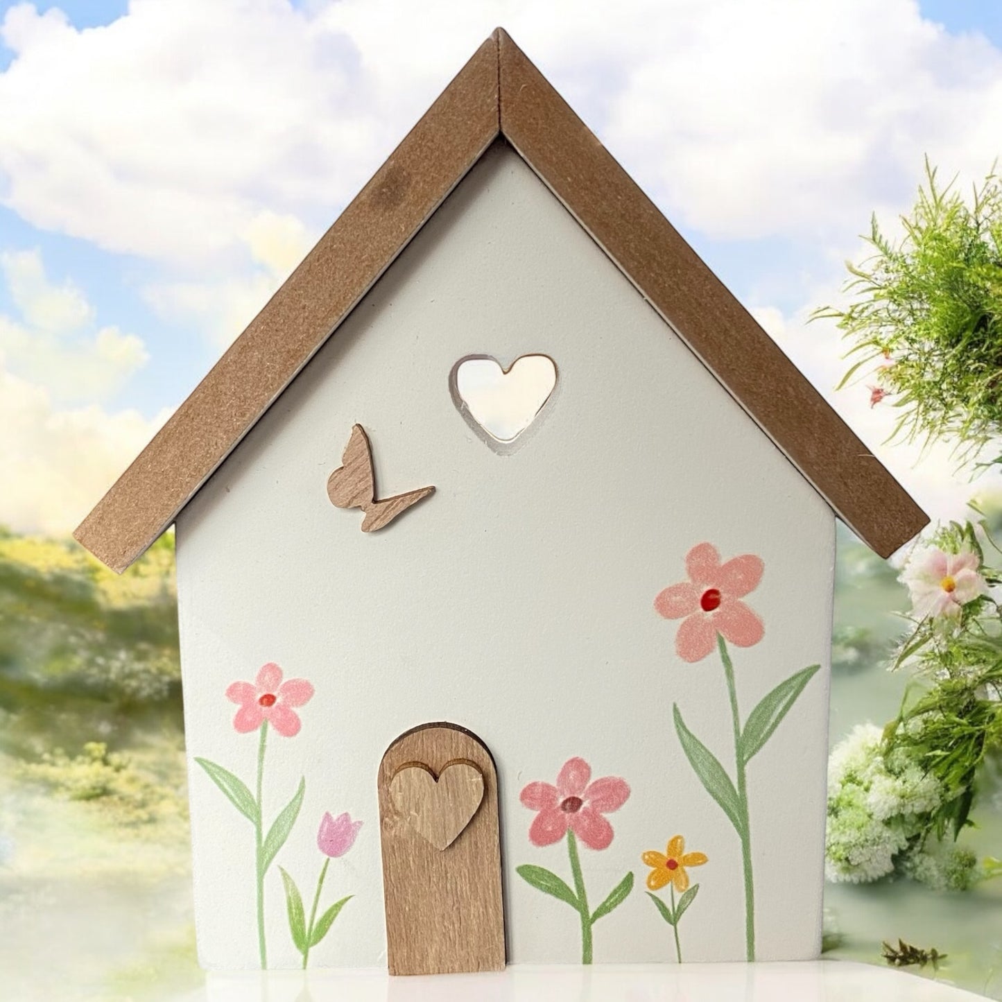 Deko Aufsteller Haus Holz mit Blumen, Herzen & Schmetterlingen als Deko Häuschen Frühling in Weiß und Braun im Ambiente