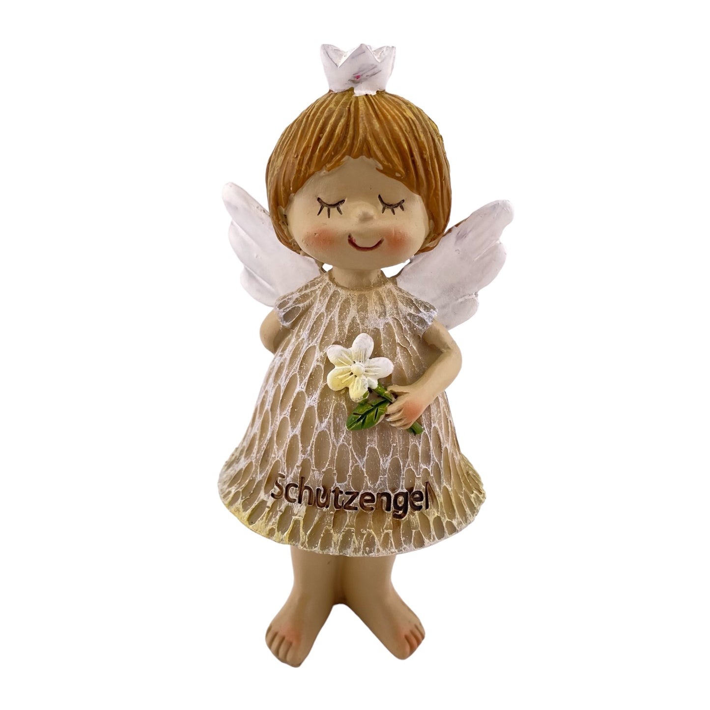 Großer Schutzengel mit geschlossenen Augen vor weißem Hintergrund