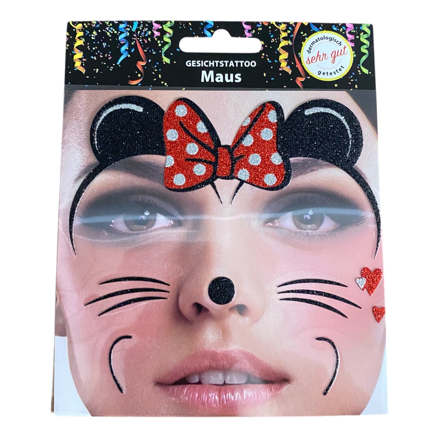 Gesichtstattoo im Maus-Design mit schwarzer Nase, Schnurrhaaren, roten Glitzerherzen und roter Schleife mit weißen Punkten
