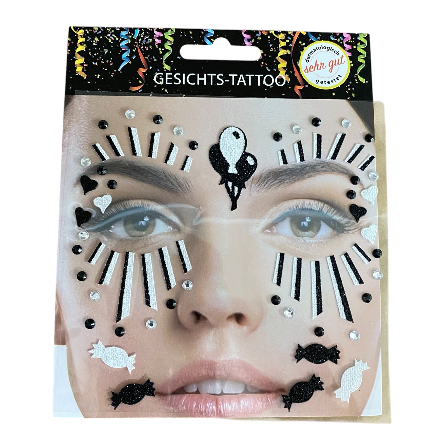 Gesichts-Tattoo in Schwarz-Weiß mit Clown-Motiven, Glitzer-Streifen, Bonbons, Herzen und Luftballon für Karneval, Halloween Fasching.