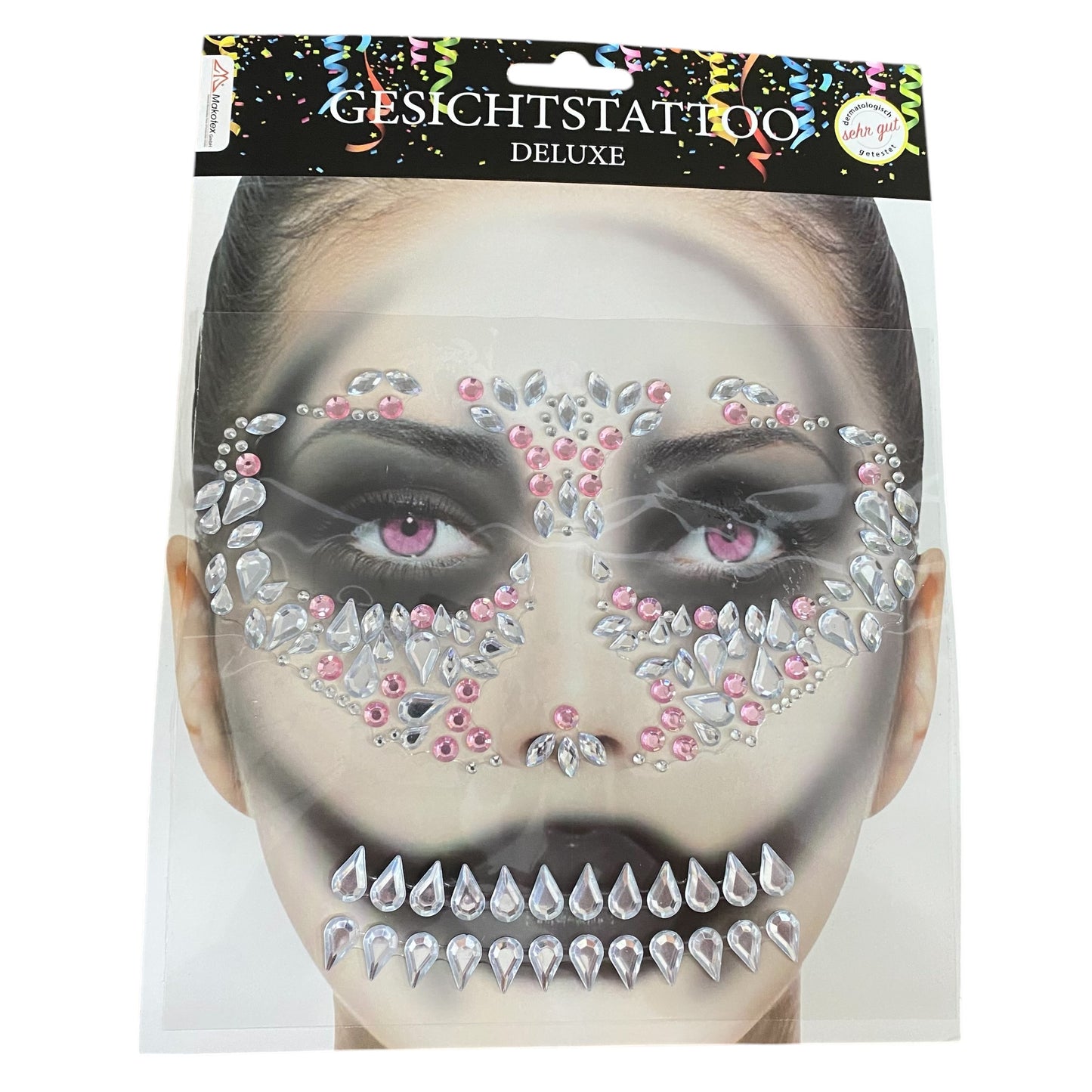 Gesichts-Tattoo-Set mit silbernen und pinken Strasssteinen zur Anwendung rund um Augen, Stirn, Nase und Mund für Karneval, Halloween oder Festivals.