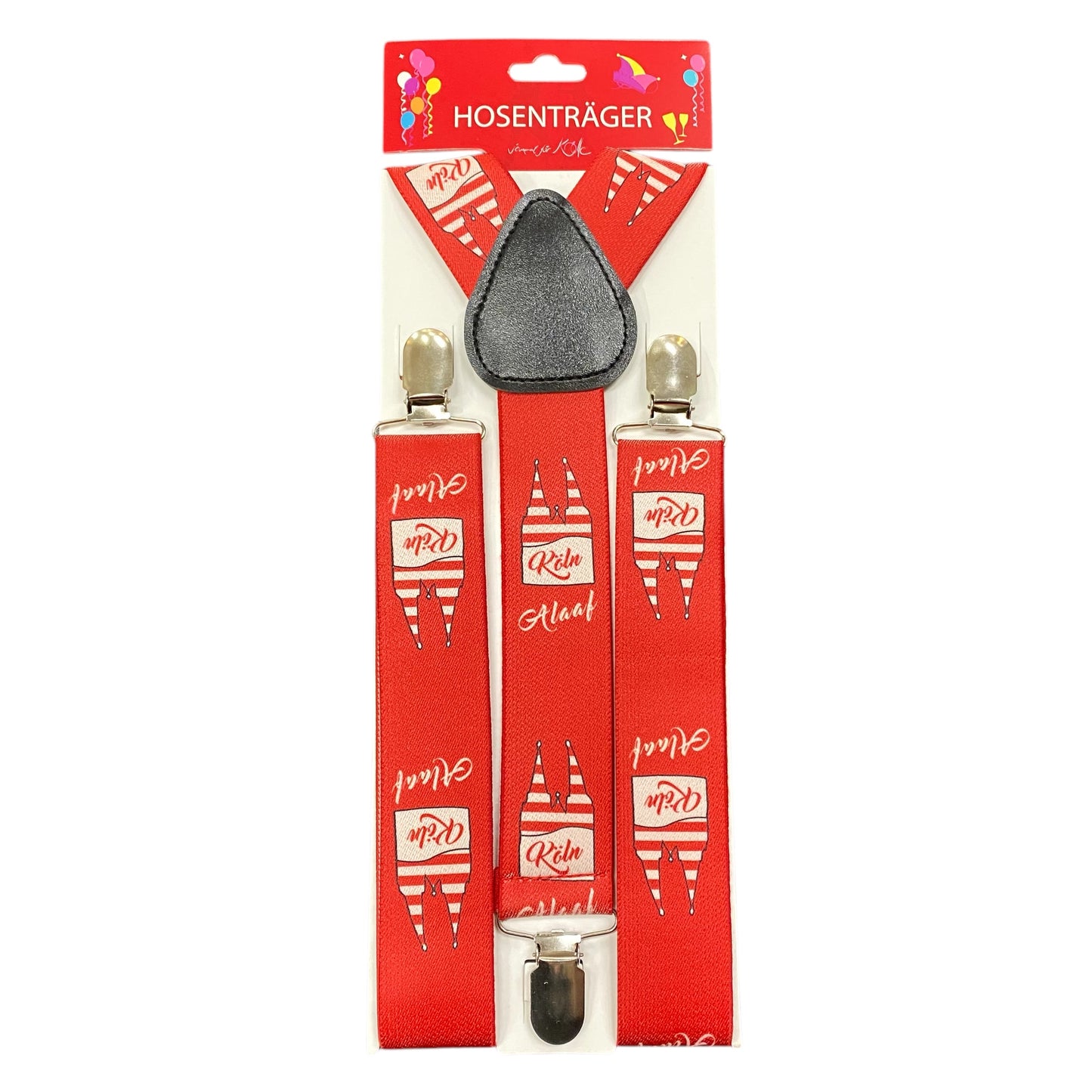Rote Hosenträger mit dem Kölner Dom aufgedruckt vor weißem Hintergrund