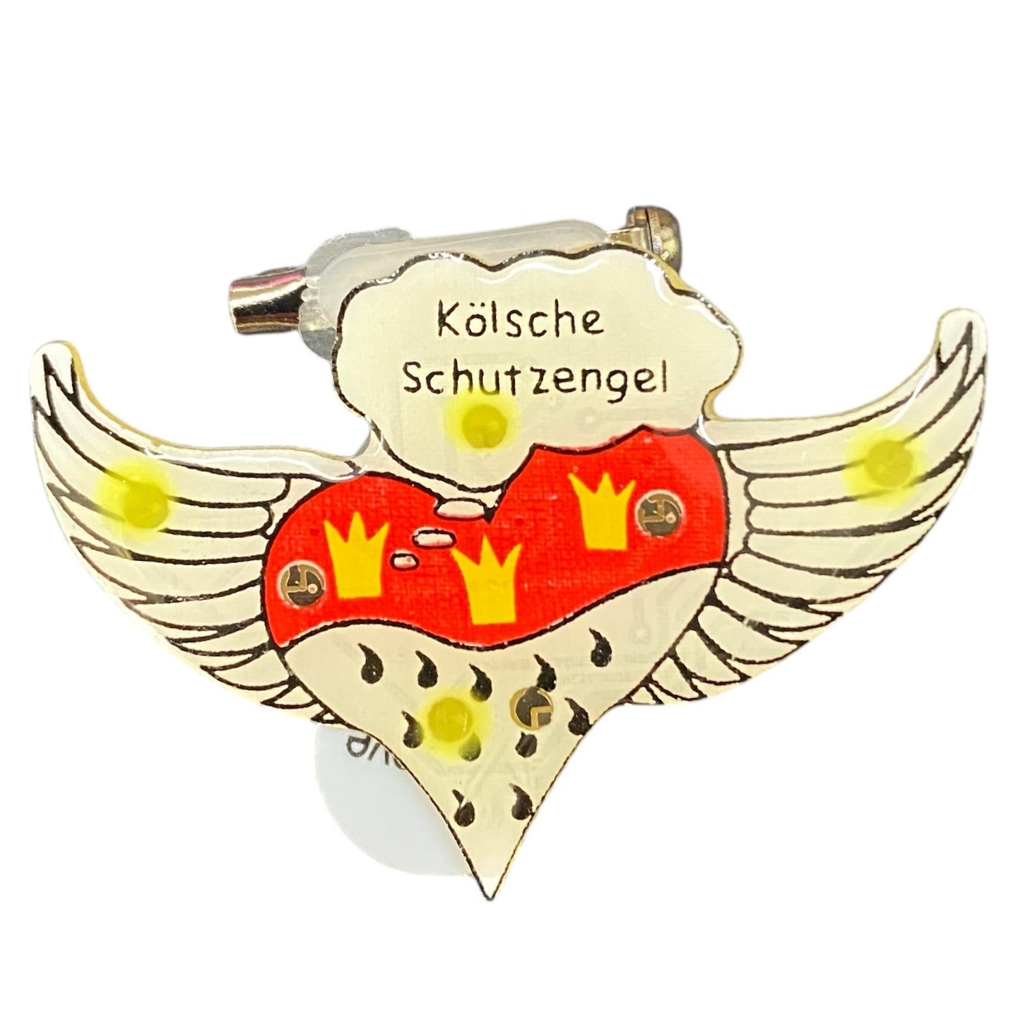 Blinkender Karnevalspins in Herzform mit Kölner Wappen, Flügeln und „Kölsche Schutzengel“-Schriftzug mit LED-Licht.