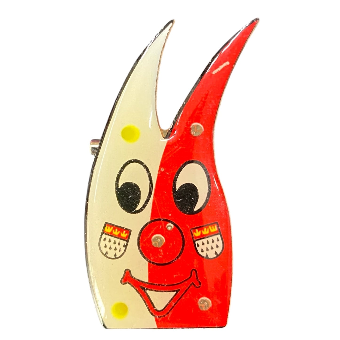 Karnevalsanstecker in rot-weiß mit Clown-Gesicht und Kölner Dom auf den Wangen, blinkend mit LED.
