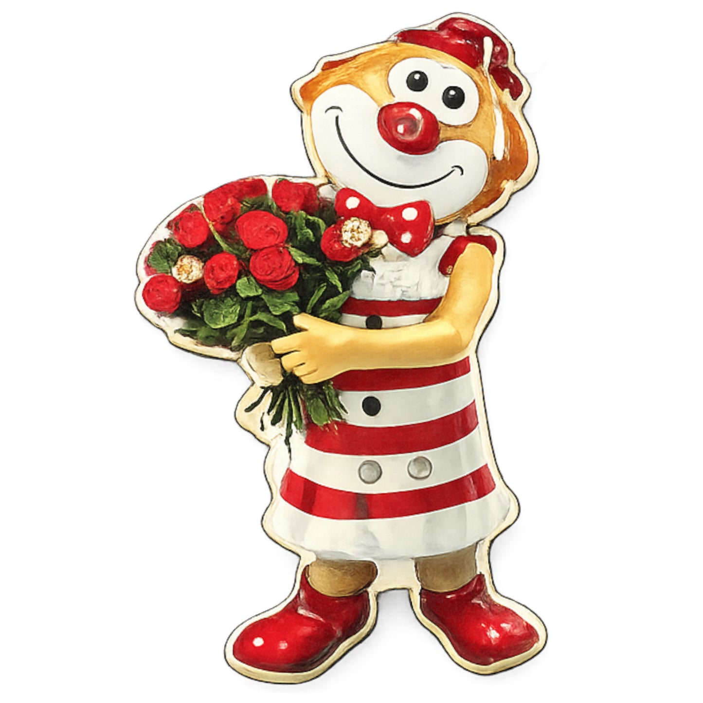 Karneval-Anstecker in Form eines Clowns im rot-weißen Outfit mit roter Nase, einen Blumenstrauß mit roten Blumen haltend, mit integrierter LED-Beleuchtung, vor weißem Hintergrund.