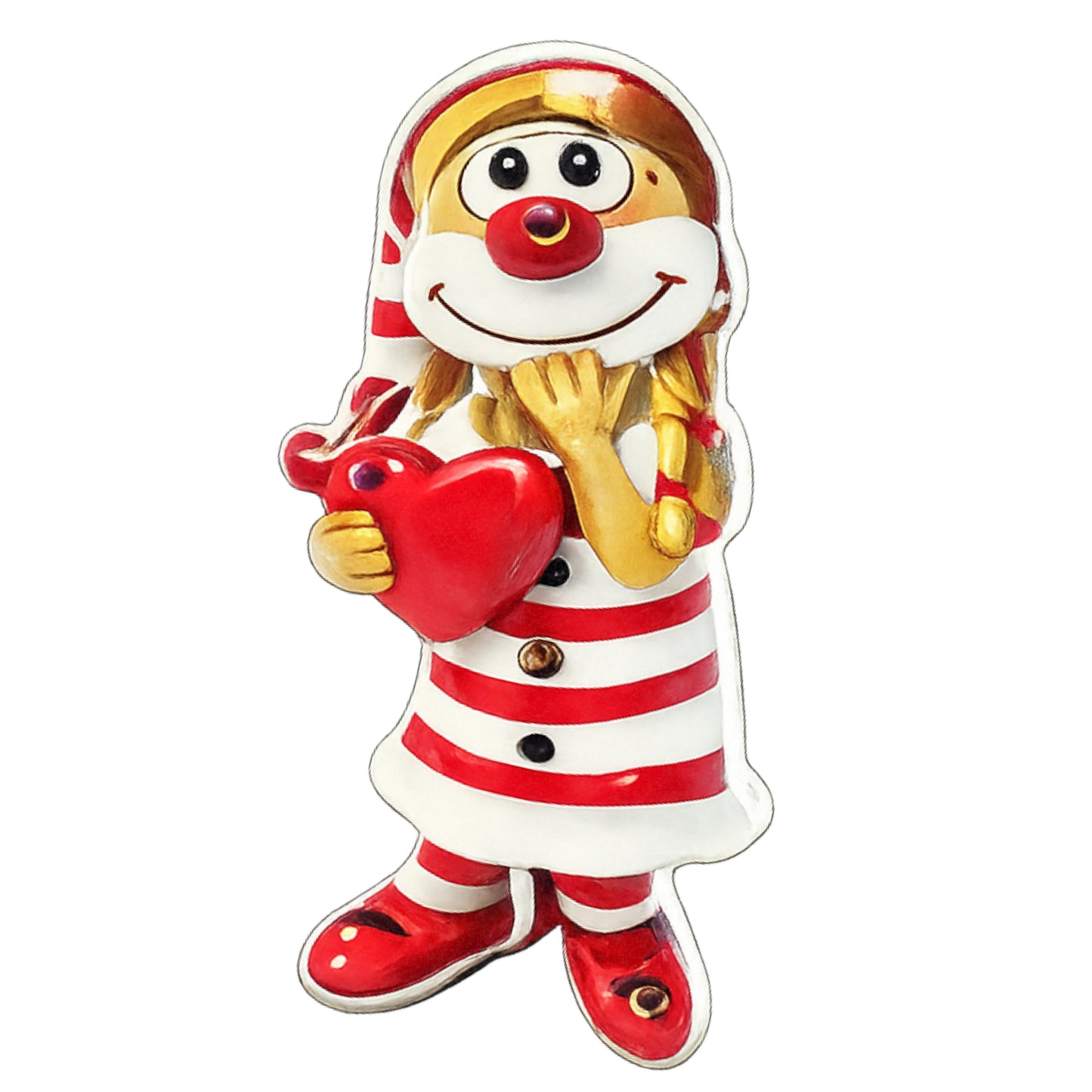 Karneval-Anstecker in Form eines Clowns im rot-weißen Outfit mit roter Nase, ein rotes Herz vor dem Körper haltend und eine Hand am Gesicht, mit integrierter LED-Beleuchtung, vor weißem Hintergrund.