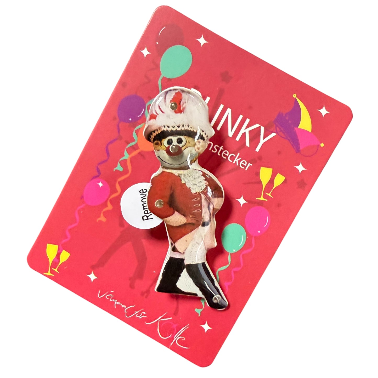 Karneval Anstecker Schmitzens Clown Tanzmajor in rot-weißer Uniform auf roter Karte