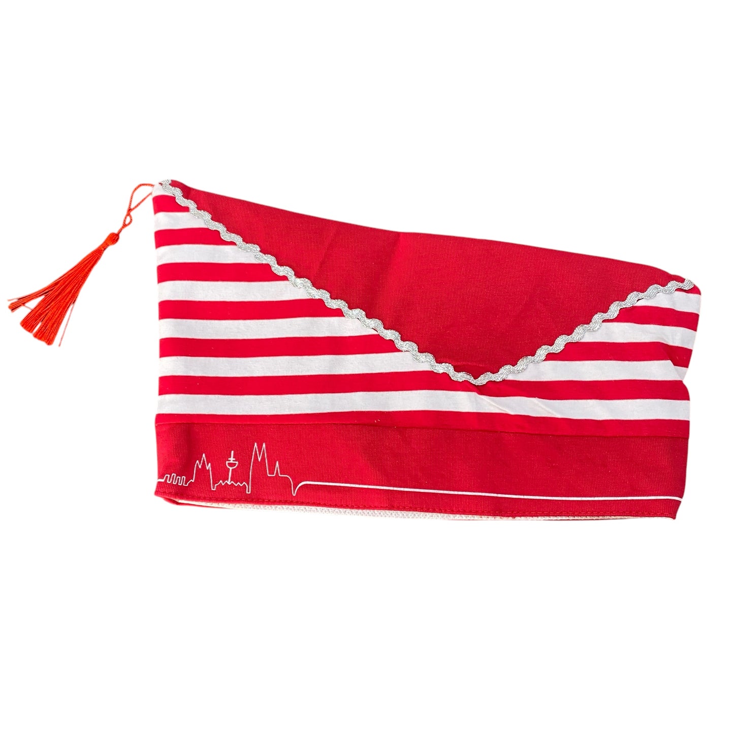 Haarclip in Form eines rot-weißen Schiffchens mit silberner Borte, Troddel und Kölner Skyline als Karnevals-Haarschmuck