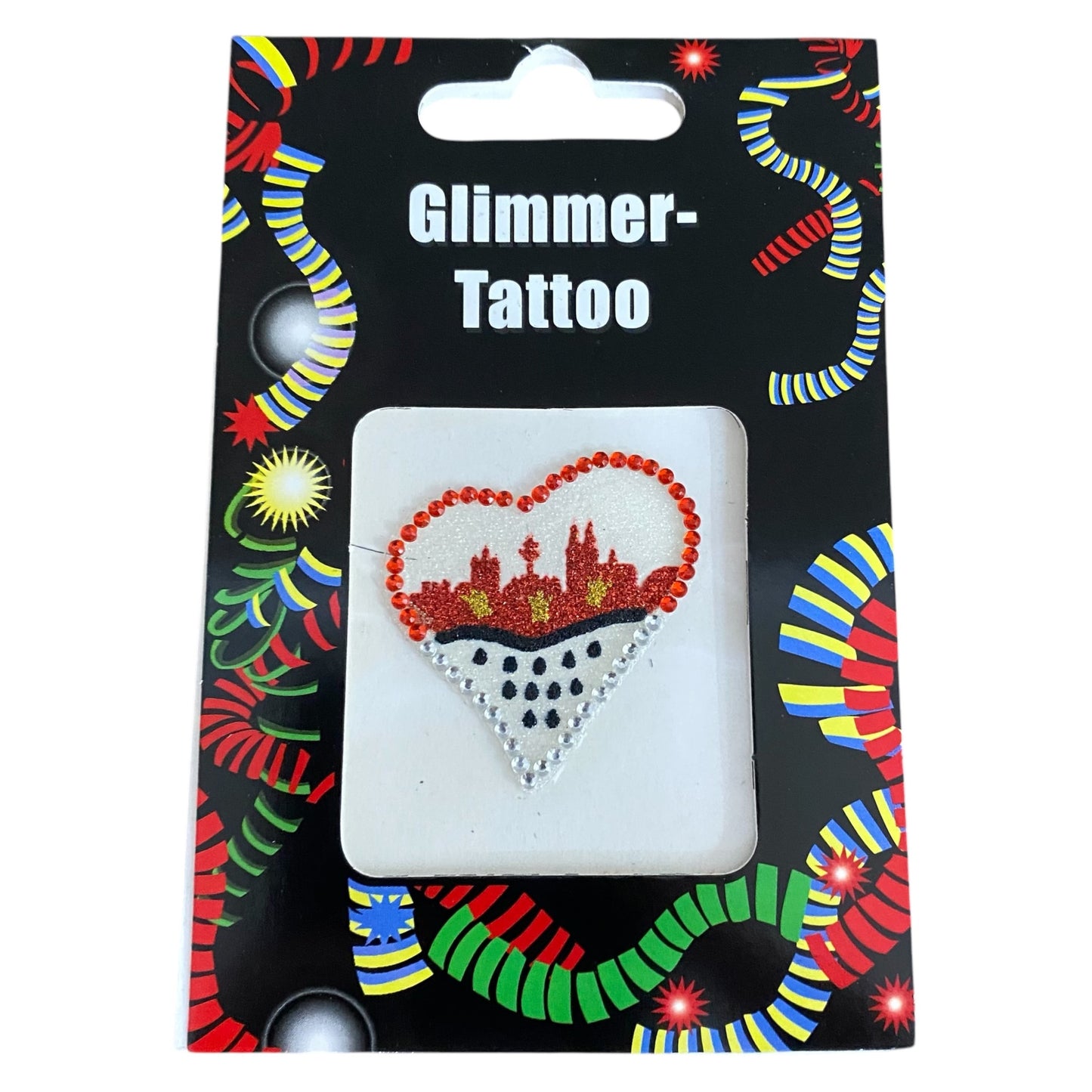 Selbstklebendes Gesichtstattoo in Herzform mit rot-weißer Glitzerumrandung, Kölner Skyline und Kölner Wappen