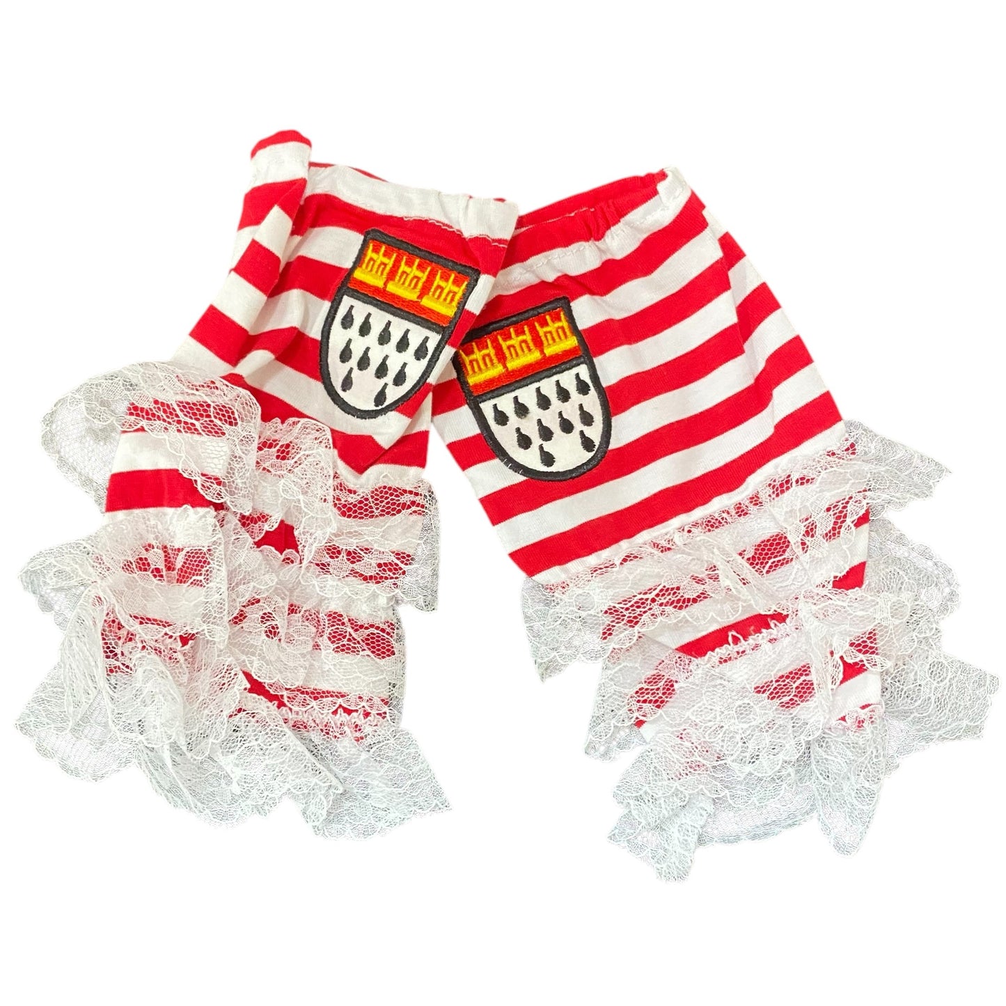 Handstulpen rot weiß geringelt mit weißer Spitze und Köln Wappen