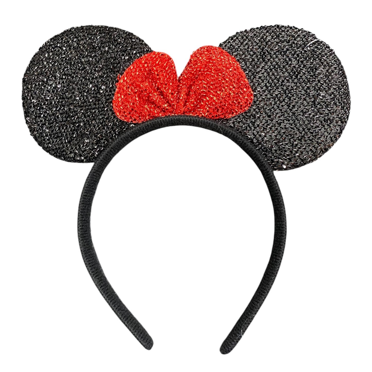 Haarreifen Maus Ohren in schwarzem Glitzer mit roter Schleife