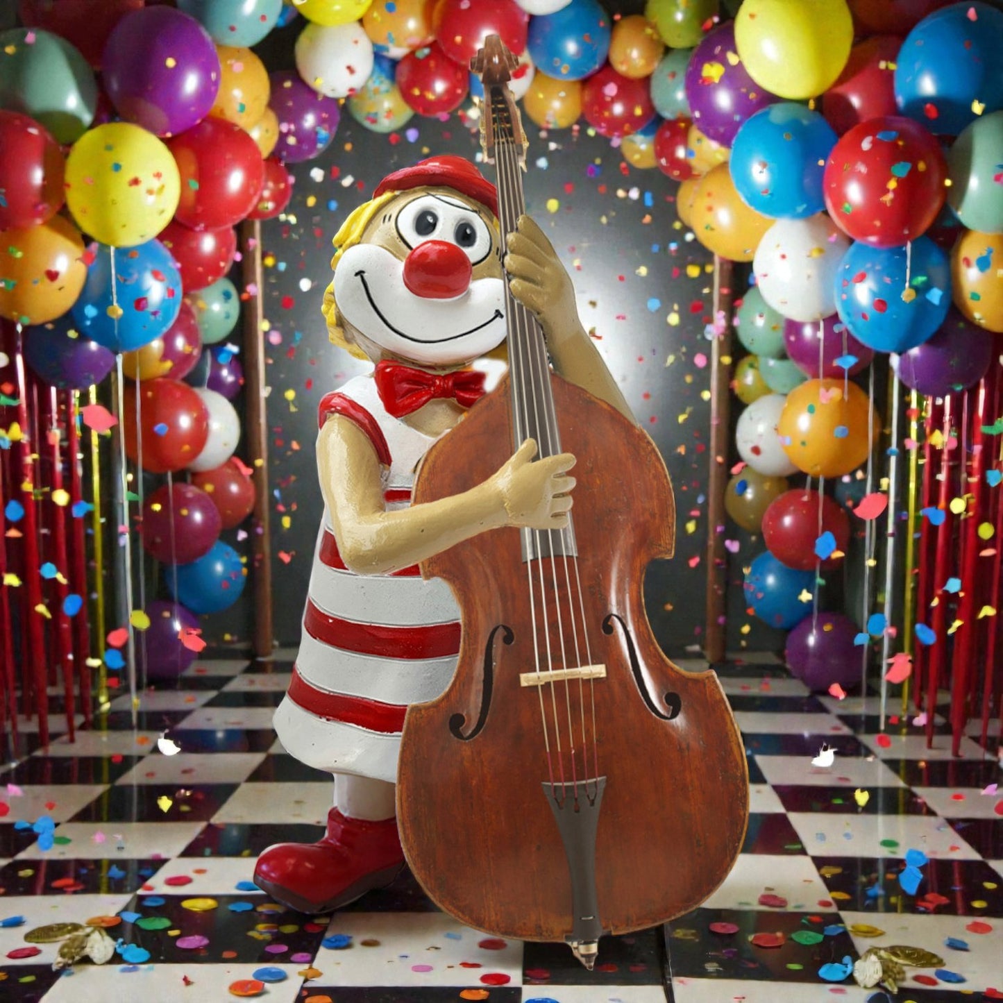 Schmitzens Deko Clown Figur mit Kontrabass in Karnevalsumgebung mit Luftballons und Konfetti
