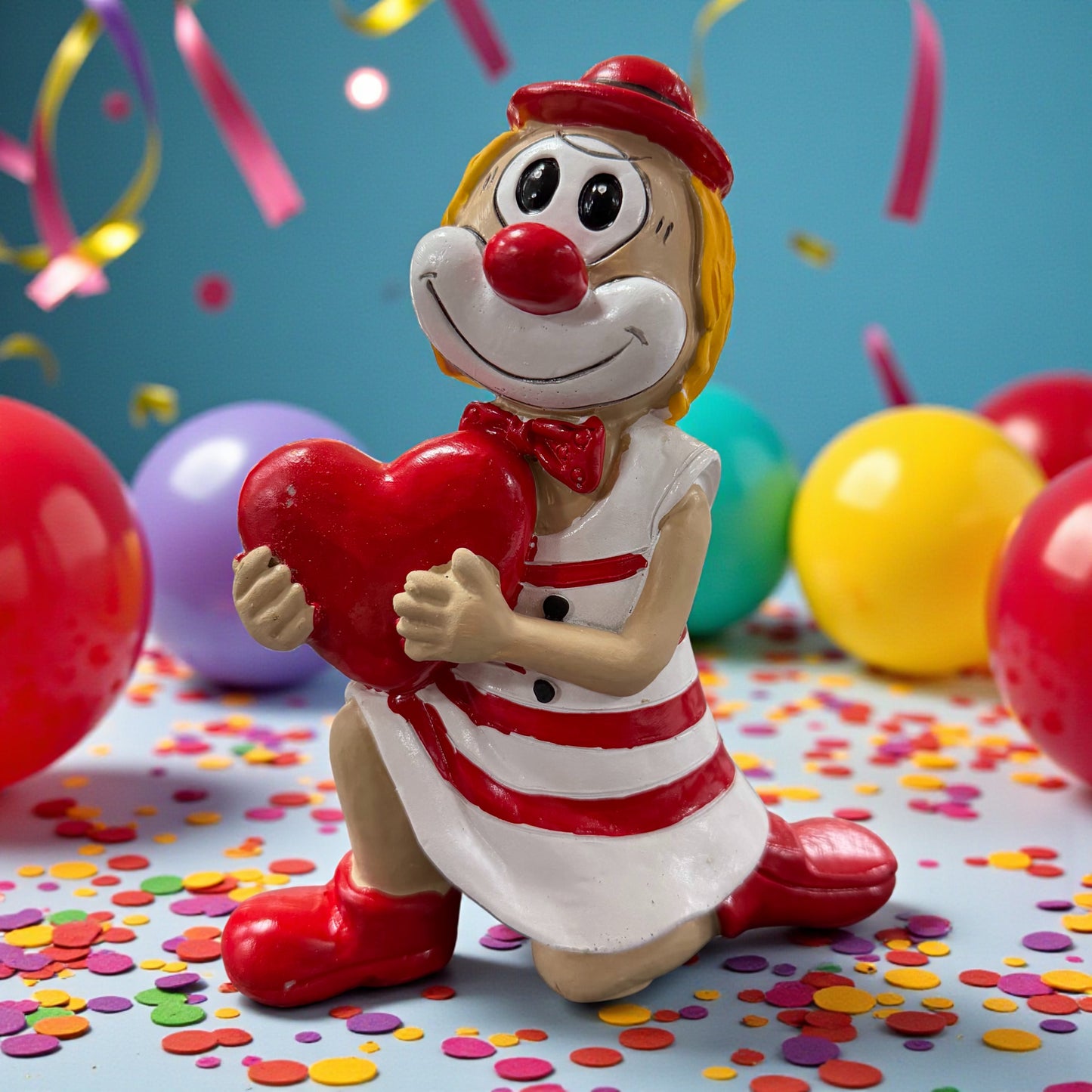Große Clown-Dekofigur mit roter Nase in rot-weißem Outfit, ca. 20 cm groß, kniend dargestellt und ein rotes Herz haltend, auf einer Tischfläche mit Konfetti, im Hintergrund bunte Luftballons.