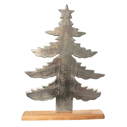 Ein Deko Tannenbaum mit Sternenspitze aus Aluminium auf einem Holzsockel