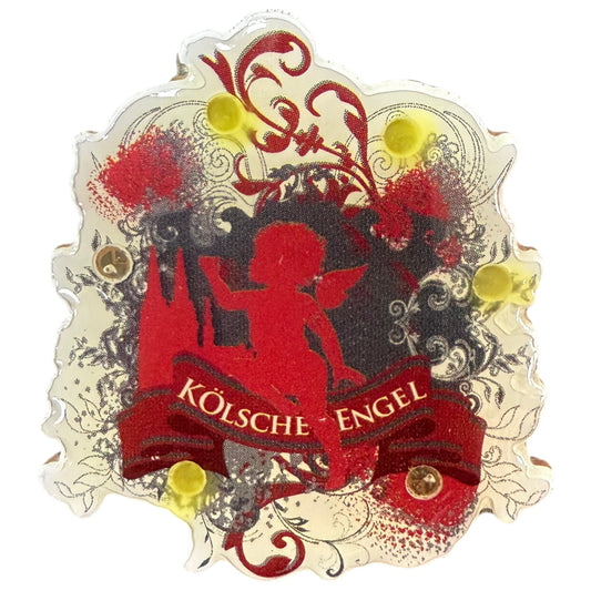 LED-Anstecker Kölsche Engel mit rotem Engelmotiv und Kölner Dom, blinkend als Karnevalsaccessoire