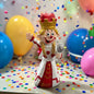 Clown-Dekofigur Jungfrau mit Krone und Spiegel vor Luftballons und Konfetti.