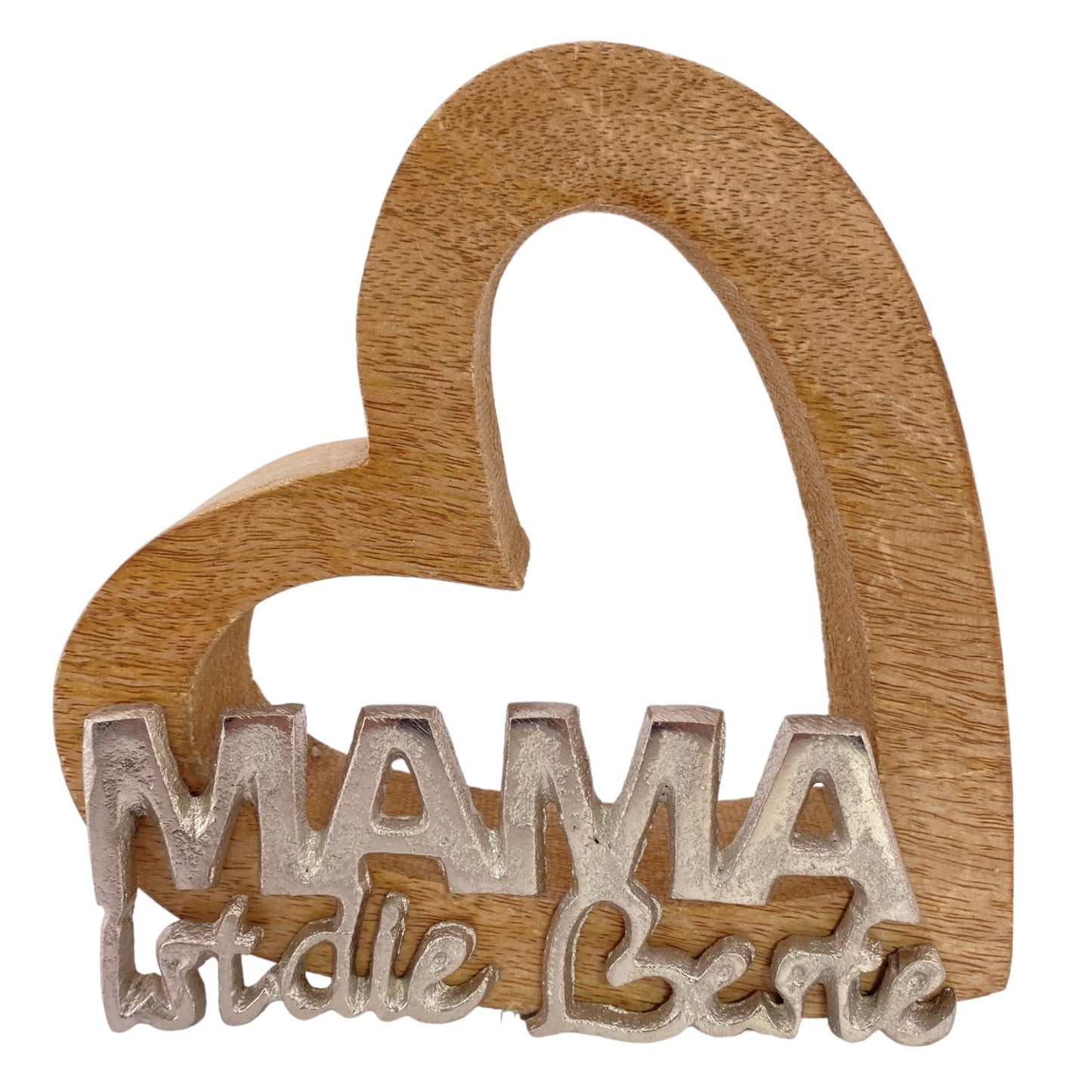 Deko Herz aus Holz mit Schrift "Mama ist die Beste" aus Aluminium vor weißem Hintergrund platziert