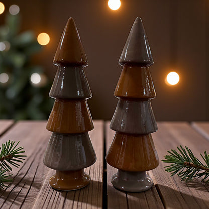 Deko-Tannenbaum Keramik Set in Braun, 2 Größen, moderne Weihnachtsdeko für Tisch und Wohnraum