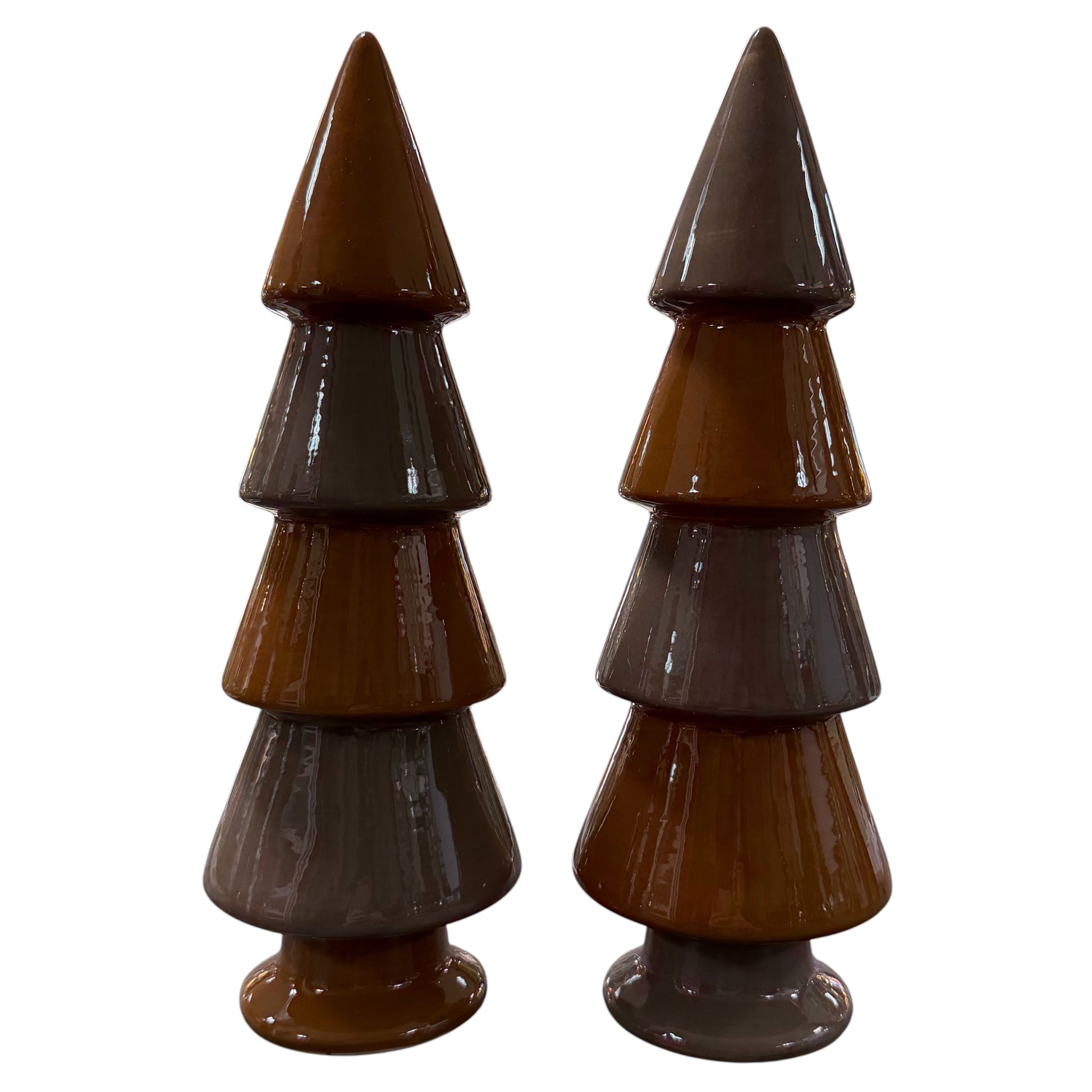 Keramik Deko-Tannenbaum Set in Braun (Hell- & Dunkelbraun), 2 Größen, glänzende Weihnachtsdekoration