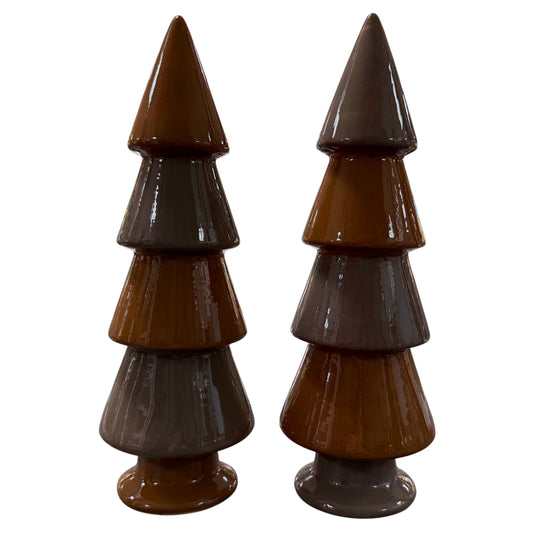 Keramik Deko-Tannenbaum Set in Braun (Hell- & Dunkelbraun), 2 Größen, glänzende Weihnachtsdekoration