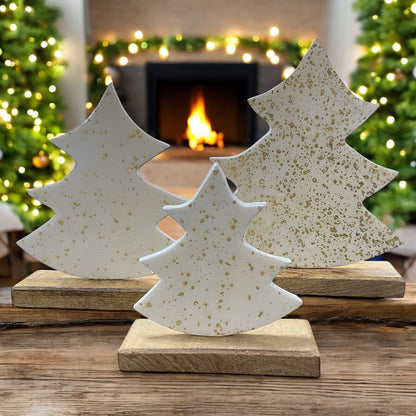 Holzaufsteller Deko Tannenbaum Keramik mit Gold kaufen – Funkelherz