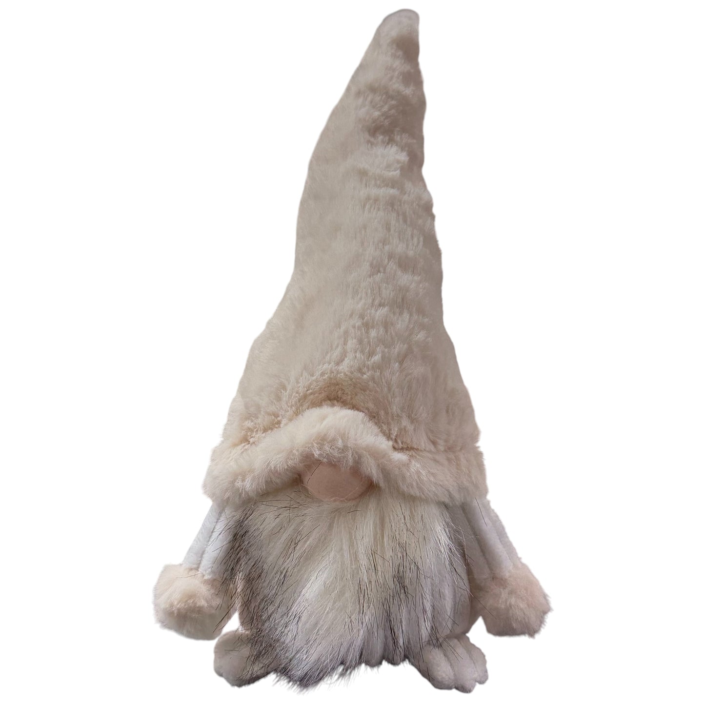 Stofffigur in Form eines Wichtels mit langem spitzem Hut, rundem Nasenbereich und langem Bart ist freigestellt vor weißem Hintergrund dargestellt.