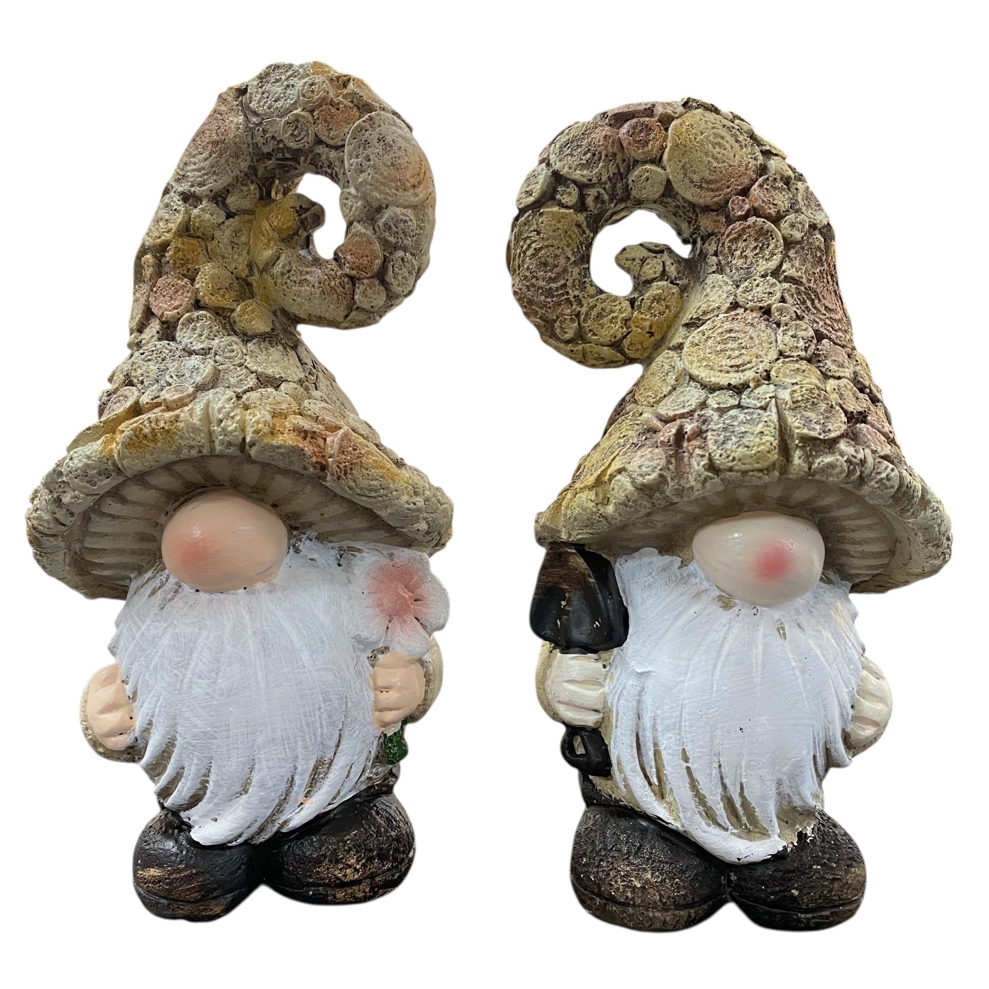 Zwei naturfarbene Wichtel-Figuren mit geschwungener Mütze, einer mit Blume und einer mit Schaufel in der Hand.