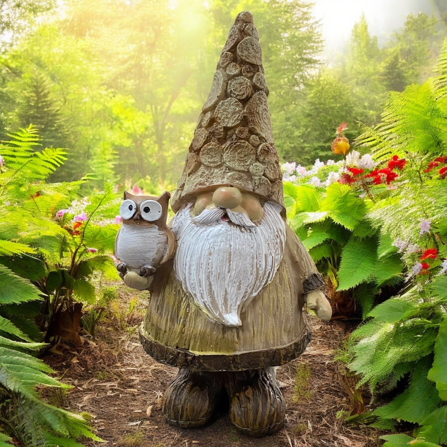 Wichtelfigur in Goldoptik mit strukturierter Mütze und Eule auf dem Arm, rustikale Gartendekoration im Grünen.