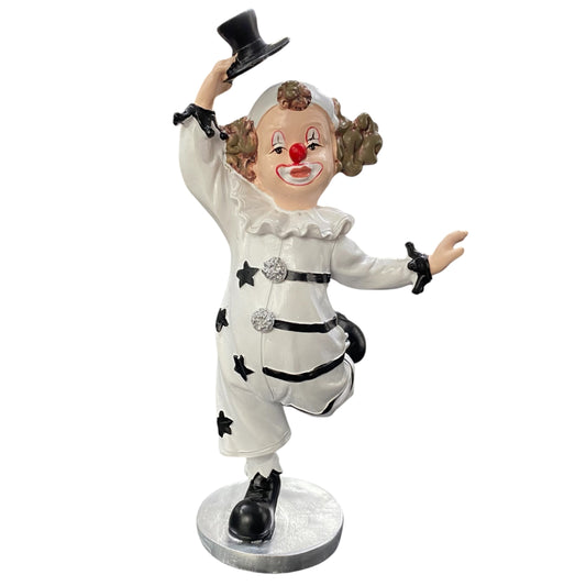 Fröhliche Dekofigur Clown in Schwarz-Weiß, 18 cm hoch, hebt lachend den Hut