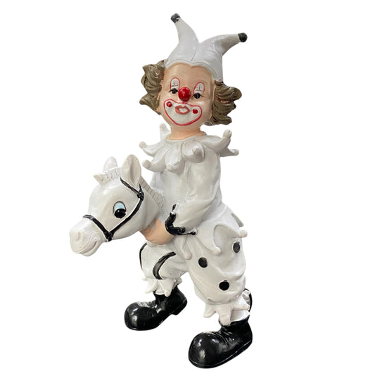 Dekofigur Clown auf einem weißen Pferd, 16 cm hoch, aus Kunststein