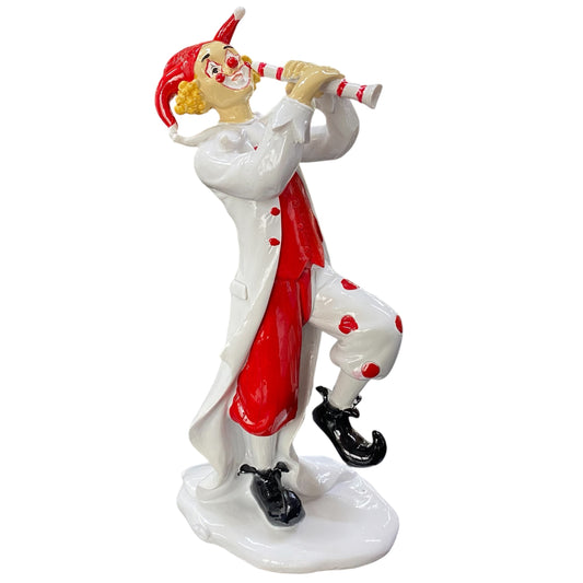 Bunte Dekofigur Clown aus Kunststein, 23 cm groß, mit rot-weißer Flöte spielend