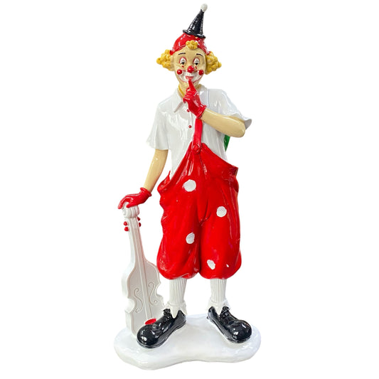 Dekofigur Clown mit Geige, 24 cm hoch, in roter Latzhose und weißem Hemd, gefertigt aus Kunststein als Karneval Clown Deko