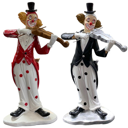 Detailreiche Karneval Dekofigur Clown, ein musizierender Clown mit Geige in Schwarz-Weiß und Rot-Weiß