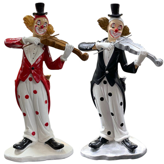 Detailreiche Karneval Dekofigur Clown, ein musizierender Clown mit Geige in Schwarz-Weiß und Rot-Weiß