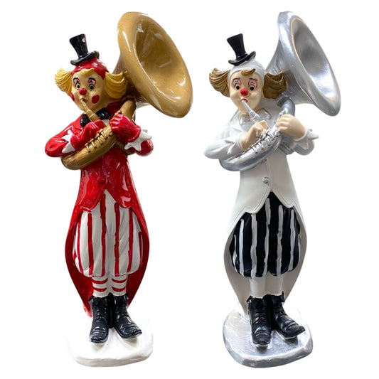 Detailreiche Karnevalsdeko Faschingsdeko Dekofigur Clown mit Tuba, in den klassischen Karnevalsfarben Rot-Weiß und Schwarz-Weiß 