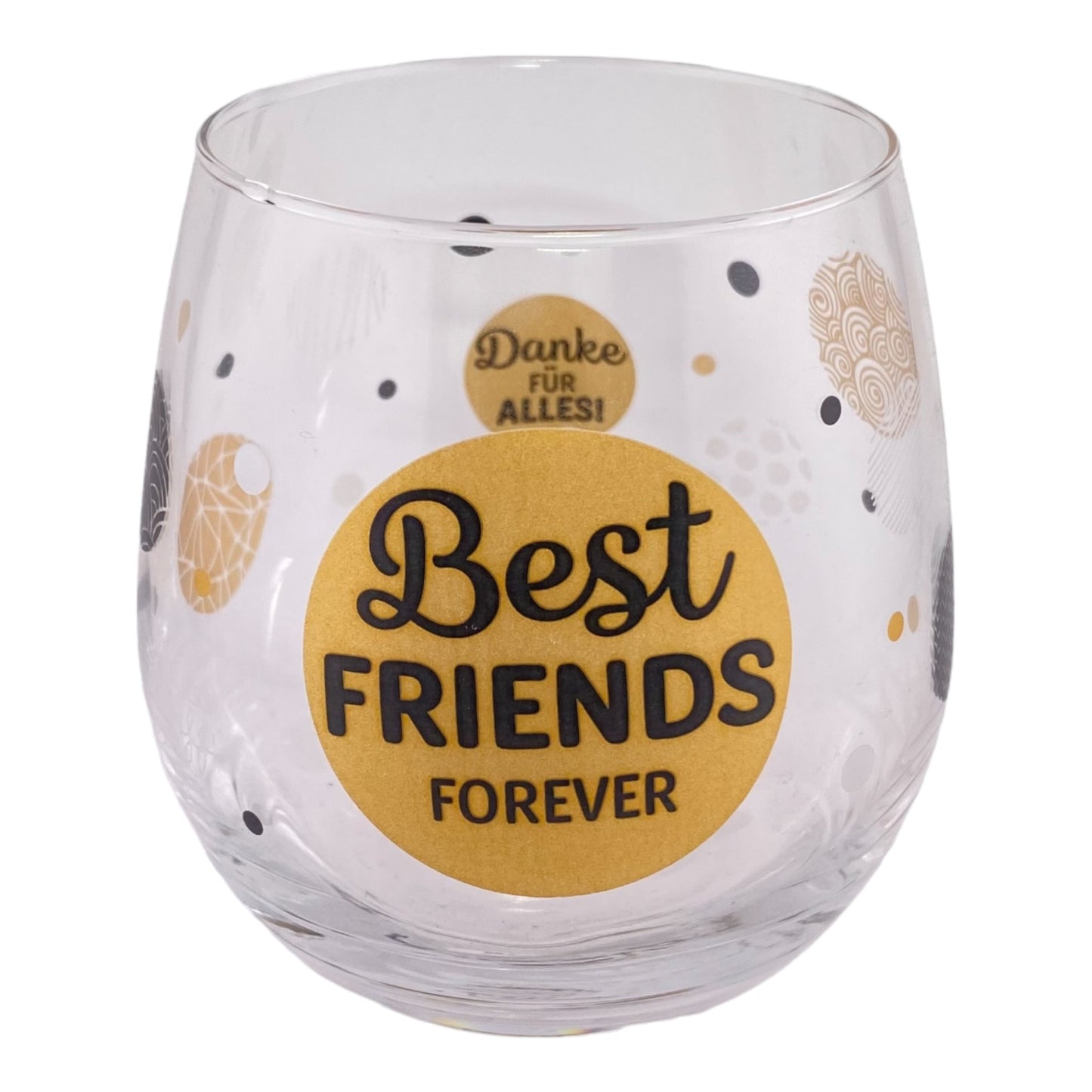 Glas mit Spruch "Best friends forever. Danke für alles" vor weißem Hintergrund