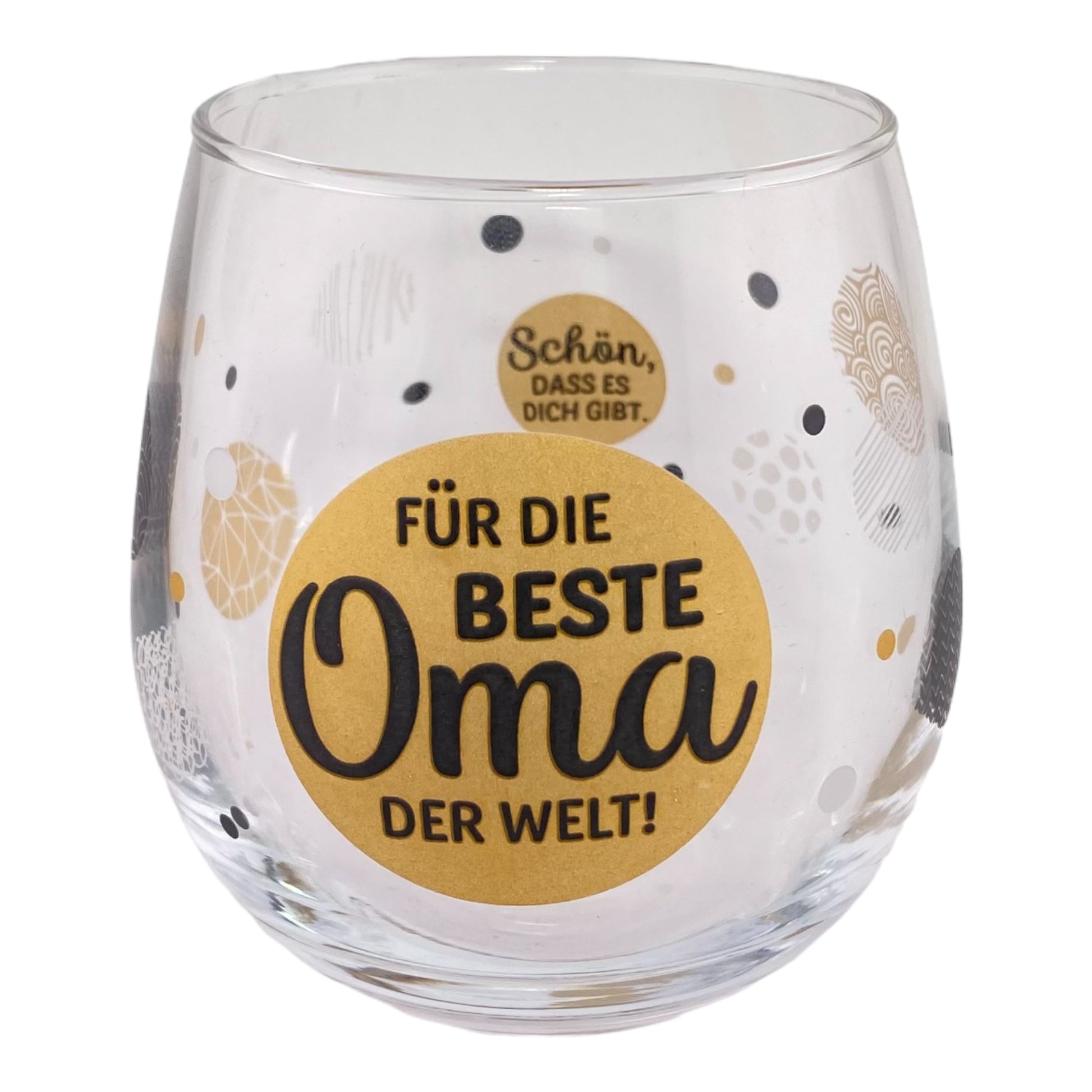 Glas für Schriftzug "Für die beste Oma der Welt. Schön, dass es dich gibt." vor weißem Hintergrund