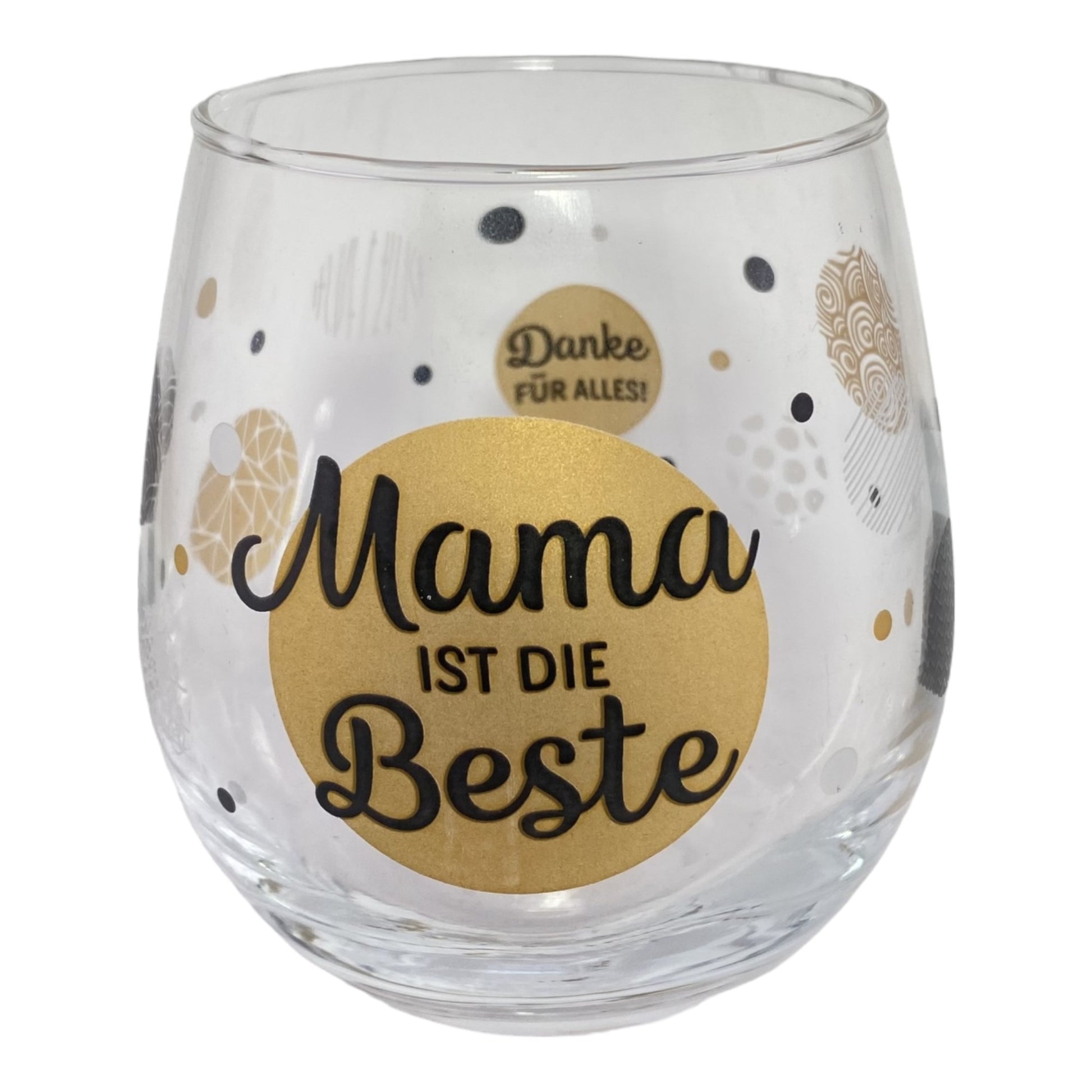 Glas mit Schriftzug "Mama ist die Beste! Danke für Alles!" vor weißem Hintergrund