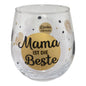 Glas mit Schriftzug "Mama ist die Beste! Danke für Alles!" vor weißem Hintergrund