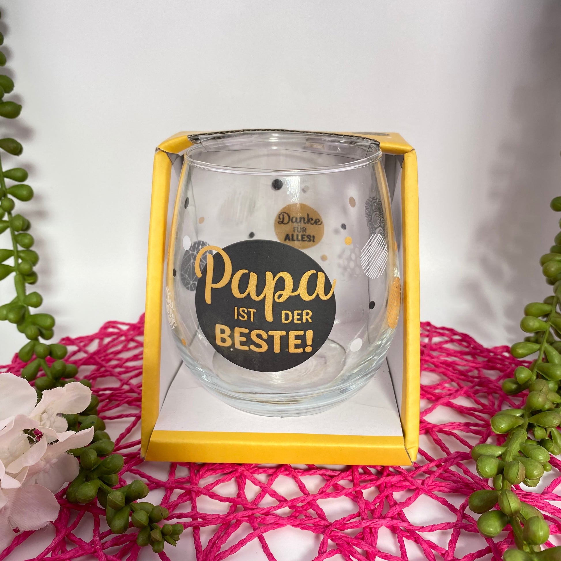 Deko Glas mit Schriftzug "Papa ist der Beste! Danke für Alles!" in Verpackung