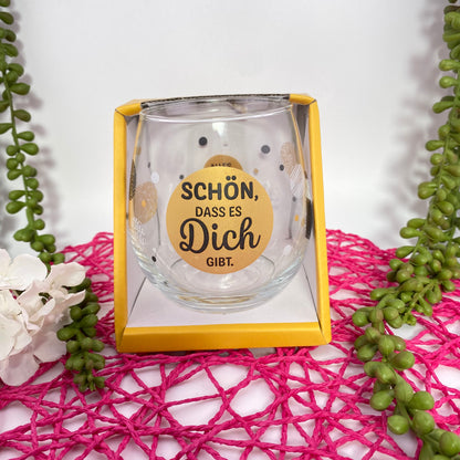 Glas mit Schriftzug "Schön, dass es dich gibt. Alles Gute" in Verpackung