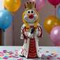 Clown-Dekofigur im Jungfrau-Kostüm, ca. 20 cm groß, mit Stab in der Hand, stehend auf einer Tischfläche mit Konfetti, im Hintergrund farbige Luftballons.