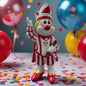 Clown-Dekofigur im Prinz-Kostüm, ca. 20 cm groß, mit Zepter in den Händen, stehend auf einer Tischfläche mit Konfetti, im Hintergrund farbige Luftballons.