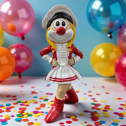 Große Clown-Dekofigur mit roter Nase in rot-weißem Tanzmarie-Outfit, ca. 20 cm groß, mit Händen in die Hüften gestützt, auf einer Tischfläche mit Konfetti, im Hintergrund bunte Luftballons.